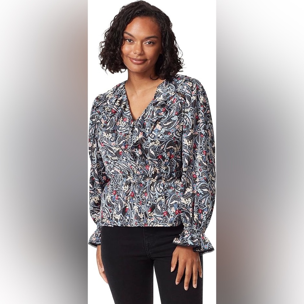 Sam Edelman Black Floral Ruffle V-Neck Blouse XS